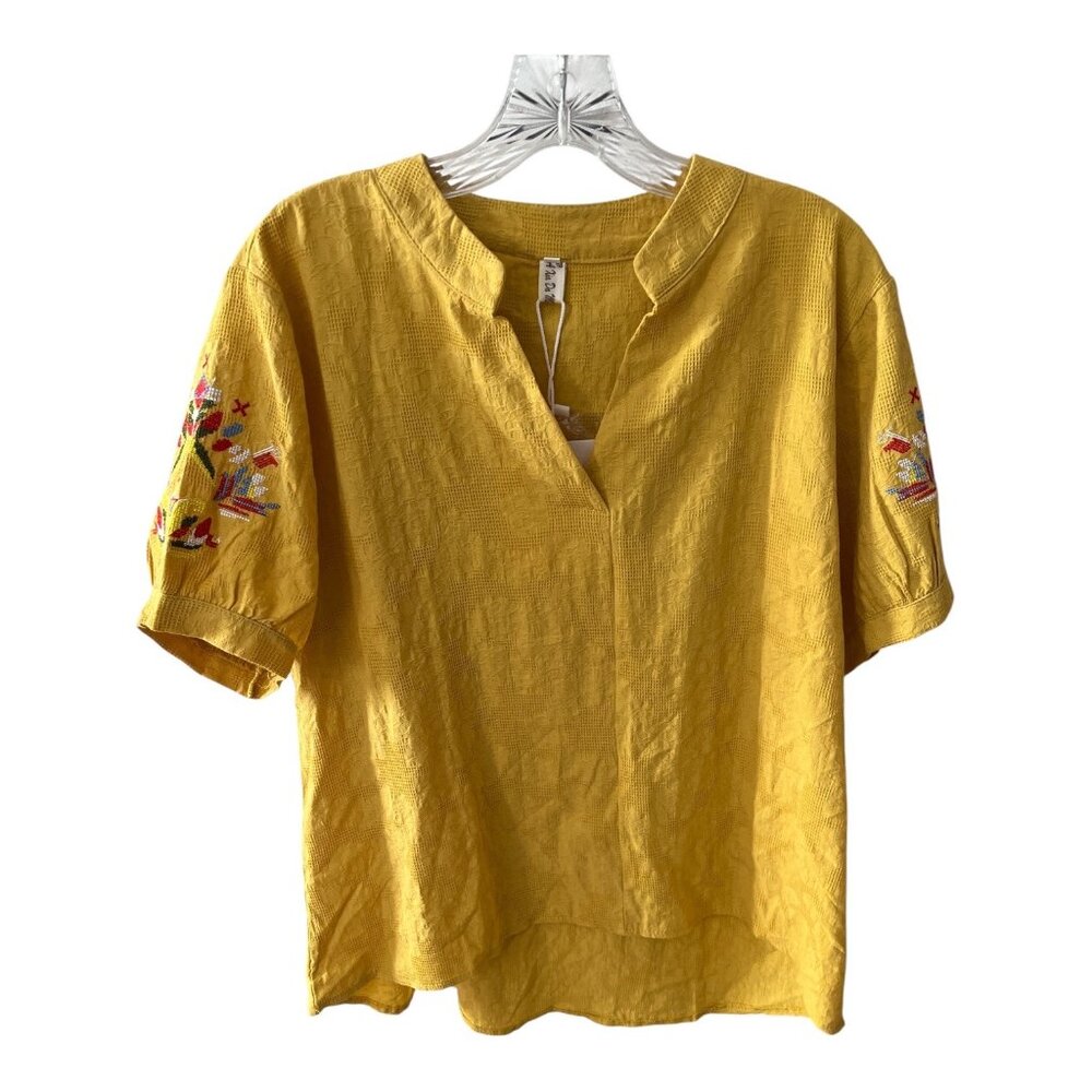 A and X Mustard Yellow Embroidered Sleeve Boho Top Textured Cotton Blend 3XL